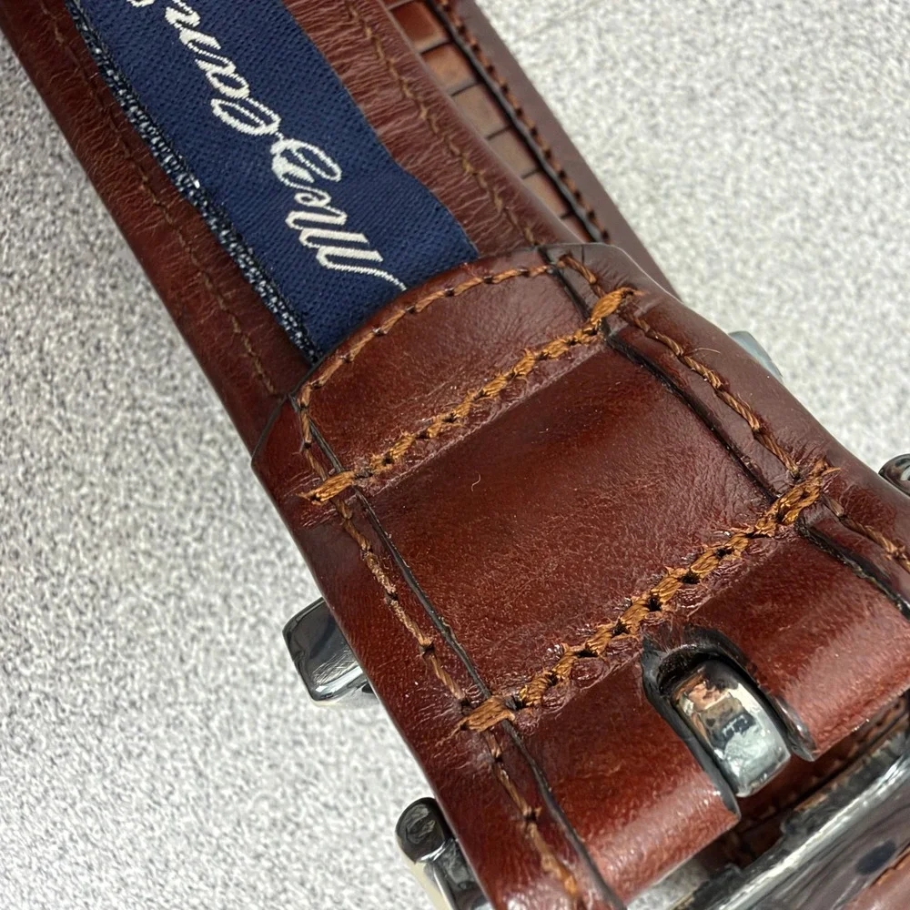 Mezlan Belt Mens 38 Brown Ribbed Leather Silver Tone Hardware Dress Classic 3109